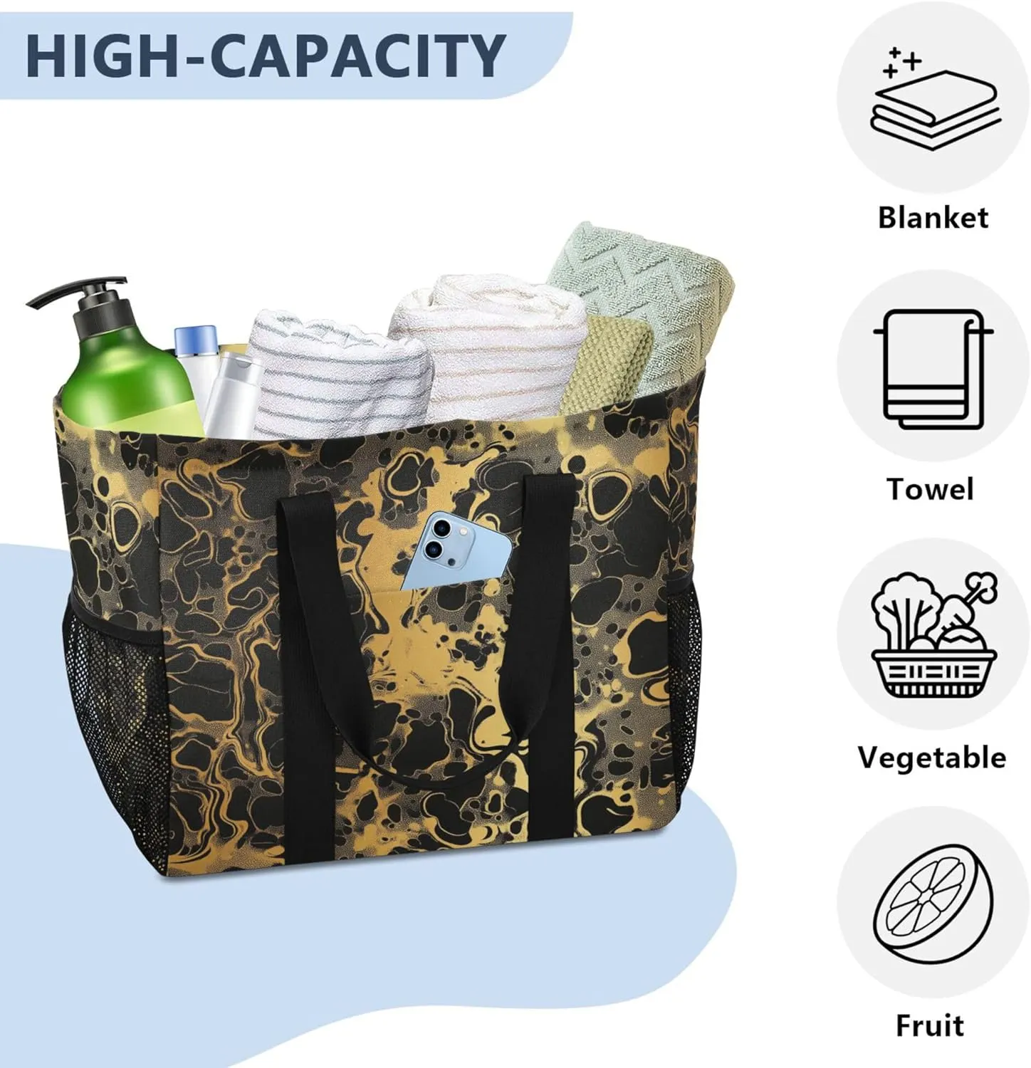 KLL Utility Tote with Handles Collapsable With Pockets Reusable Shopping Bag