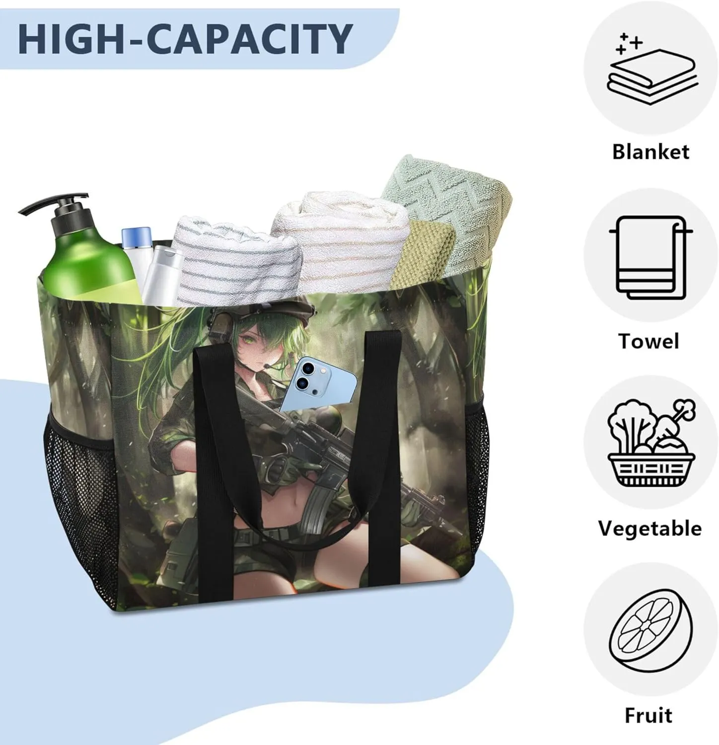 KLL Utility Tote with Handles Collapsable With Pockets Reusable Shopping Bag