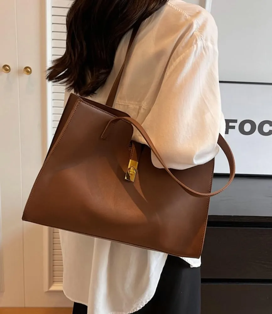 Large Capacity Working Tote Bag for Women Casual Vegan Leather Shoulder Purses Buckle Top Handle Handbag Satchels
