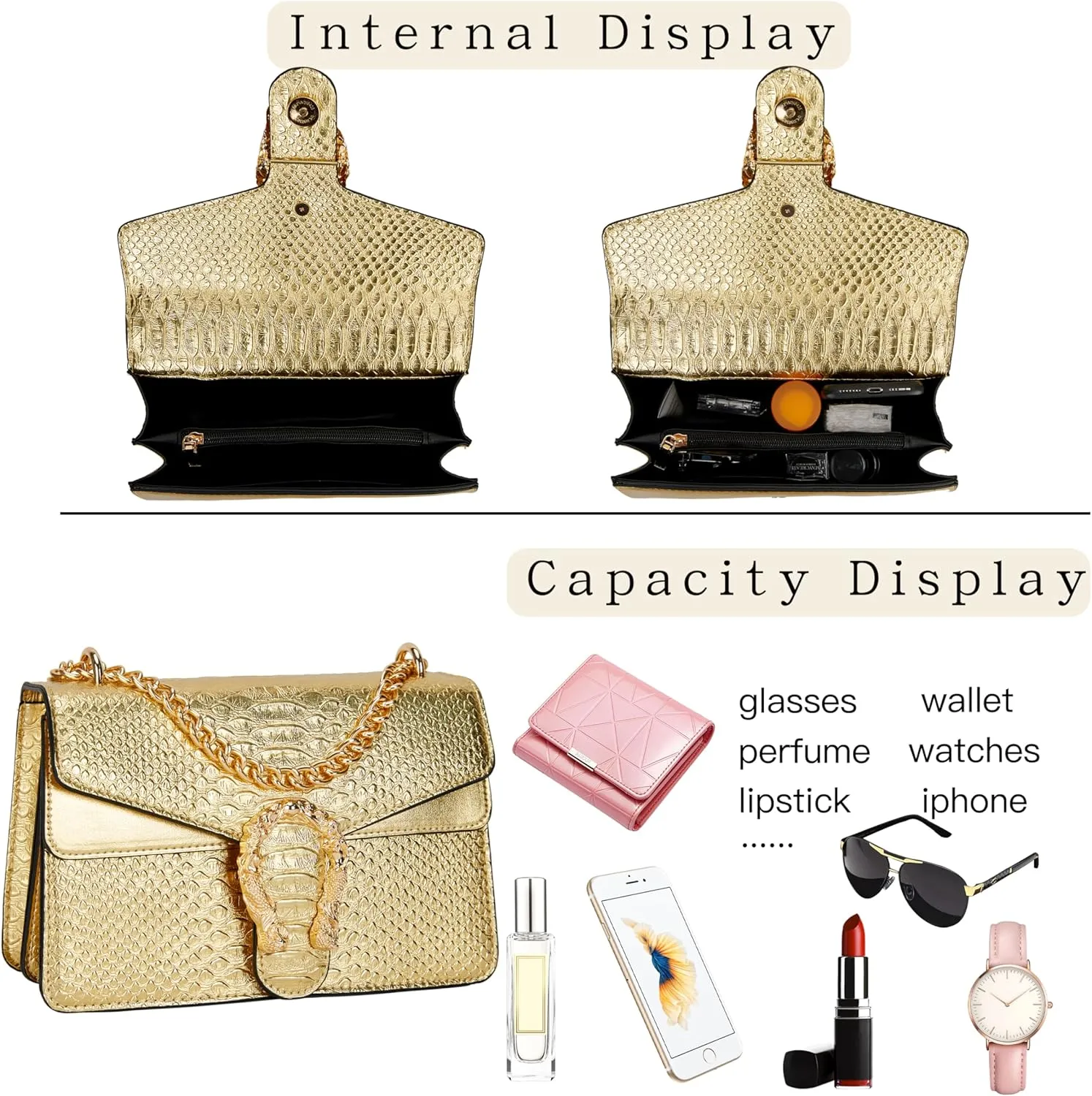 Leather Shoulder Bag Chain Purse for Women - Fashion Crossbody Bags Vintage Snake Print Underarm Bag Square Satchel Handbag