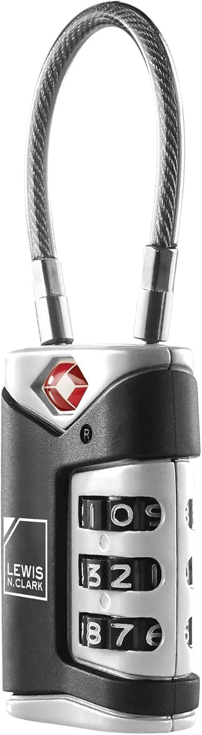 Lewis N. Clark TSA Approved Luggage Lock   Steel Cable for Suitcase, Carry On, BackPack, Laptop Bag   Purse, Perfect For Airport, Hotel or Gym - Set   Reset Your Own Combo, Black