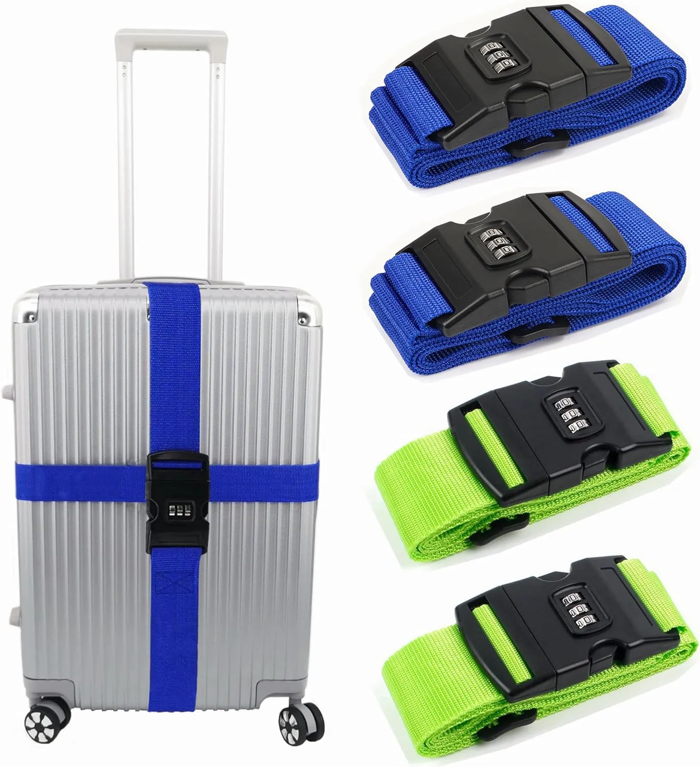 Luggage Straps for Suitcases TSA Approved, Travel Belt with Combination Lock, Adjustable Packing Straps, Premium Accessory for Travel Bag Closure, 4 Pack (Blue & Green)