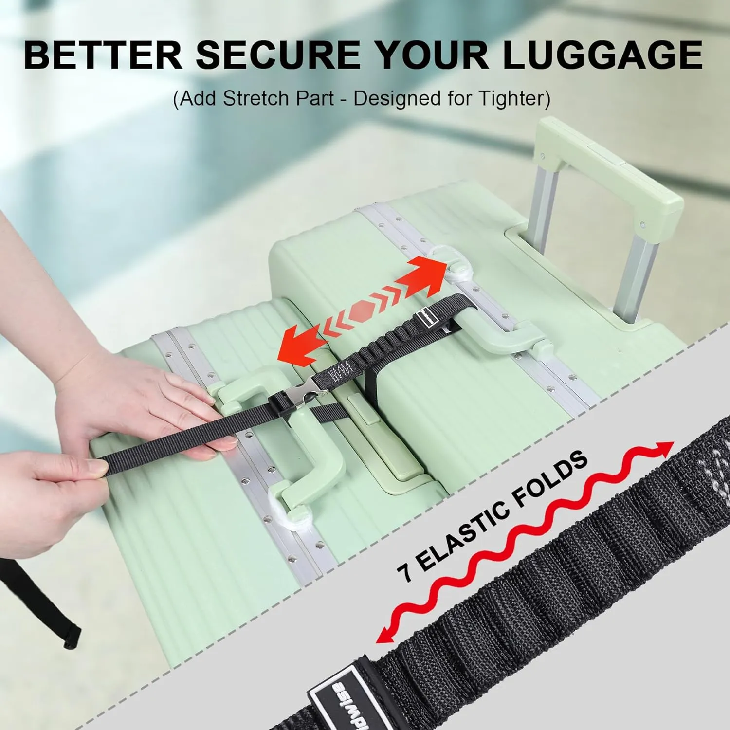 Luggage Straps, Stretchable Luggage Connector Straps for Suitcases, Metal Buckle Add A Bag Adjustable Attachment Accessories Belts (Black, Small)