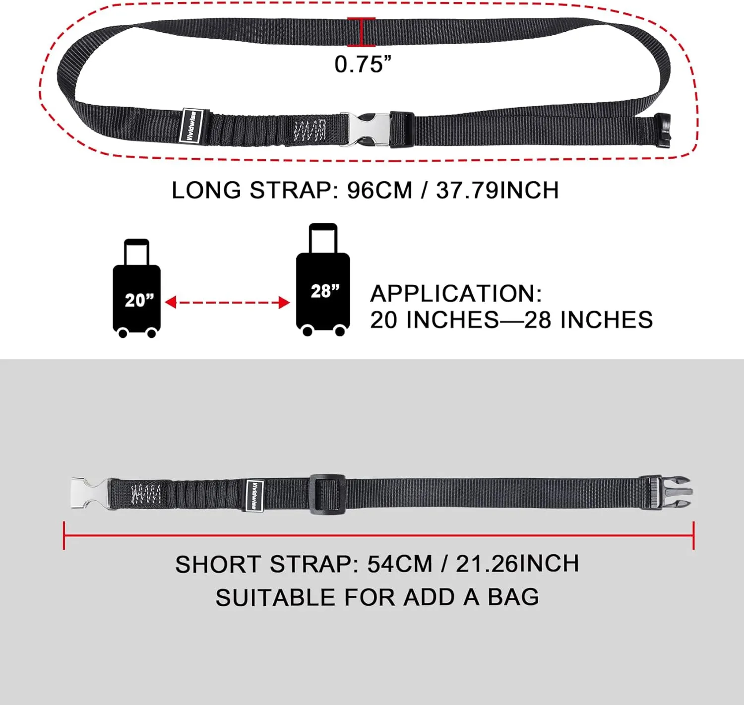 Luggage Straps, Stretchable Luggage Connector Straps for Suitcases, Metal Buckle Add A Bag Adjustable Attachment Accessories Belts (Black, Small)