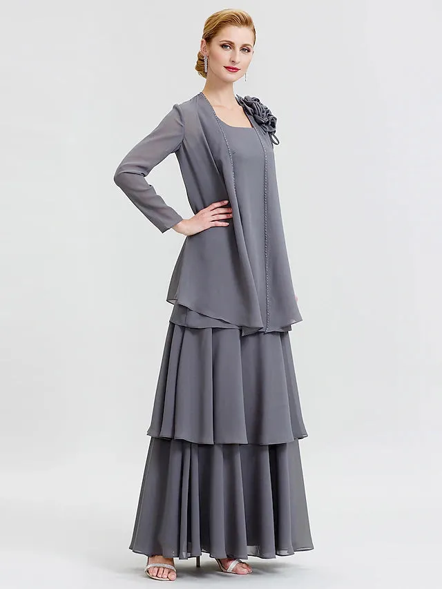 Luolandi A-Line Mother of the Bride Dress Formal Floral Convertible Dress Scoop Neck Floor Length Chiffon Long Sleeve Wrap Included with Beading Flower