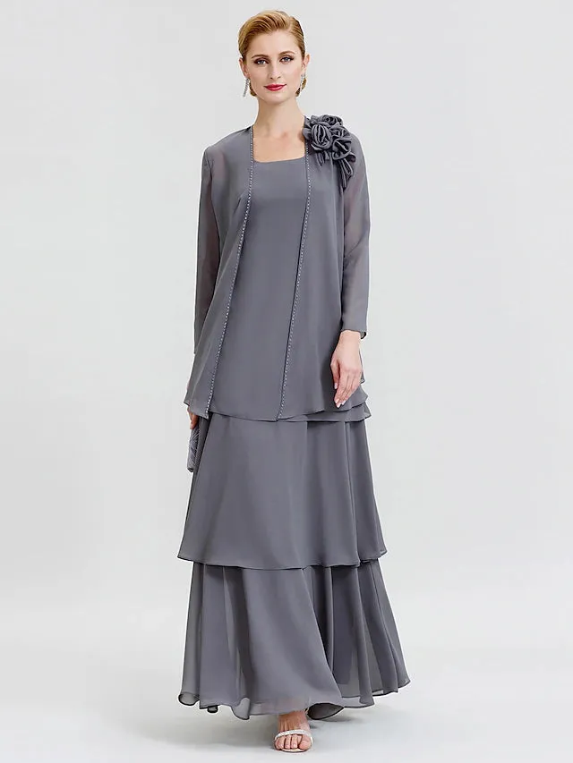 Luolandi A-Line Mother of the Bride Dress Formal Floral Convertible Dress Scoop Neck Floor Length Chiffon Long Sleeve Wrap Included with Beading Flower