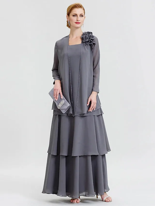 Luolandi A-Line Mother of the Bride Dress Formal Floral Convertible Dress Scoop Neck Floor Length Chiffon Long Sleeve Wrap Included with Beading Flower