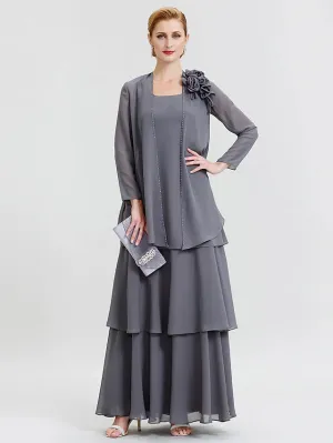 Luolandi A-Line Mother of the Bride Dress Formal Floral Convertible Dress Scoop Neck Floor Length Chiffon Long Sleeve Wrap Included with Beading Flower