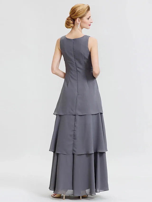 Luolandi A-Line Mother of the Bride Dress Formal Floral Convertible Dress Scoop Neck Floor Length Chiffon Long Sleeve Wrap Included with Beading Flower