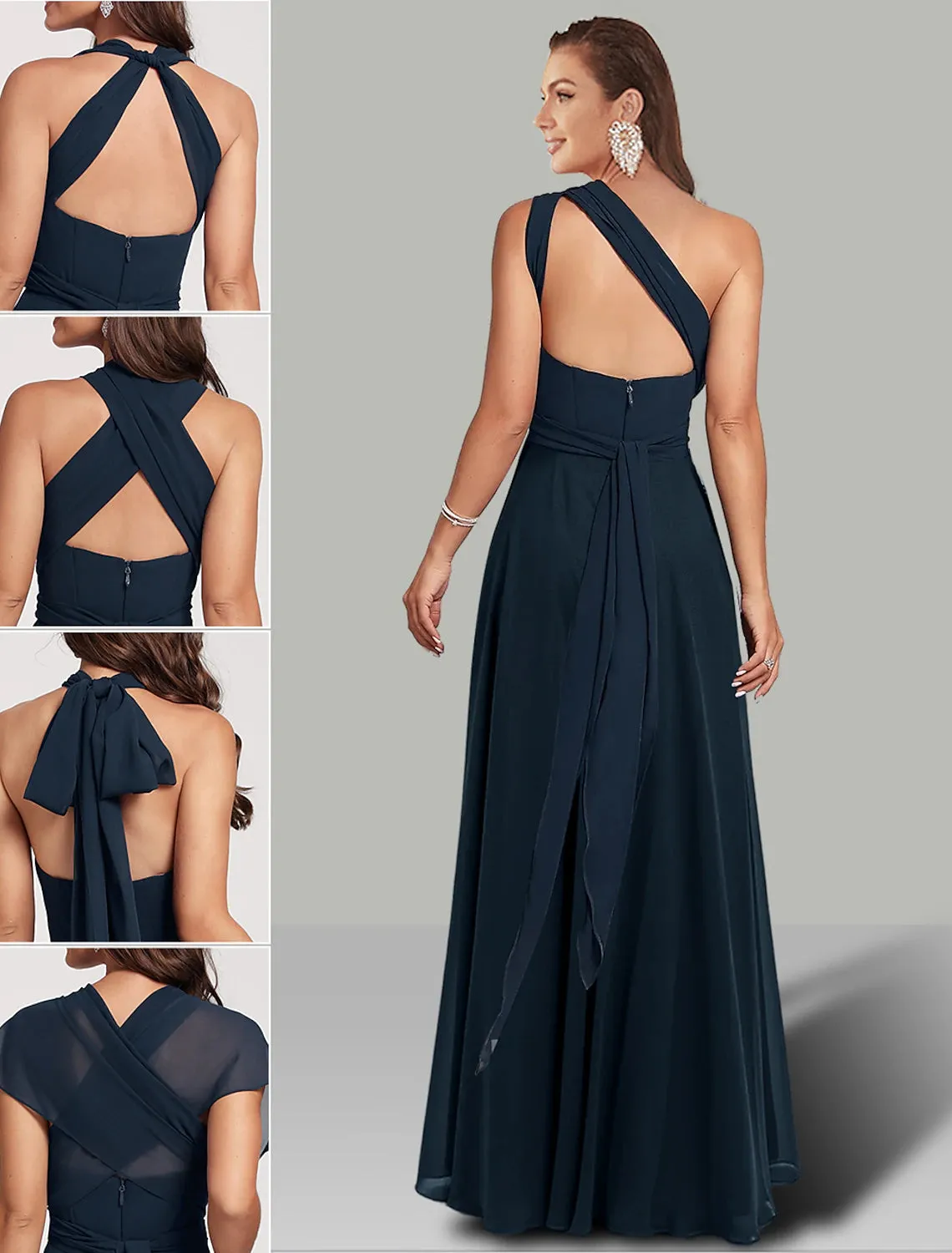 Luolandi A-Line Wedding Guest Dresses Infinity Dress Wedding Party Floor Length Short Sleeve Halter Convertible Chiffon