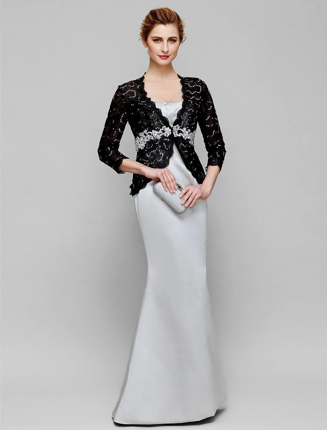 Luolandi Mermaid / Trumpet Mother of the Bride Dress Convertible Dress Strapless Floor Length Satin Lace 3/4 Length Sleeve No with Lace Beading