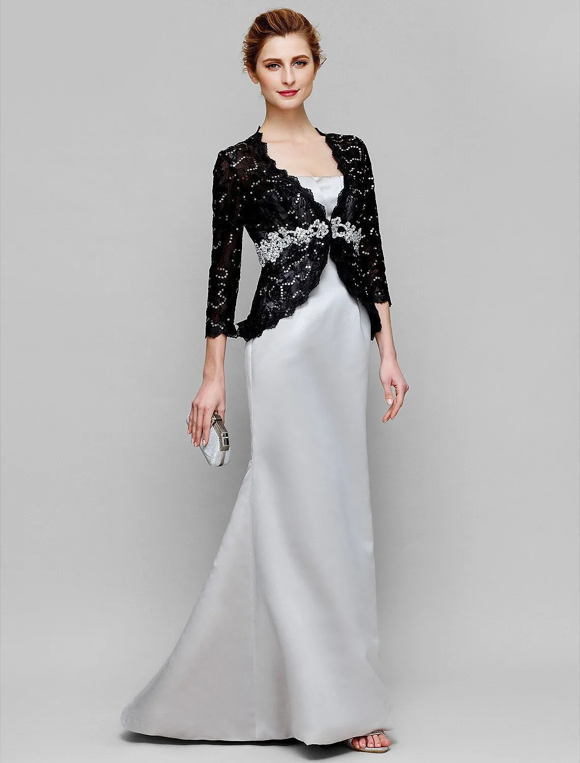 Luolandi Mermaid / Trumpet Mother of the Bride Dress Convertible Dress Strapless Floor Length Satin Lace 3/4 Length Sleeve No with Lace Beading