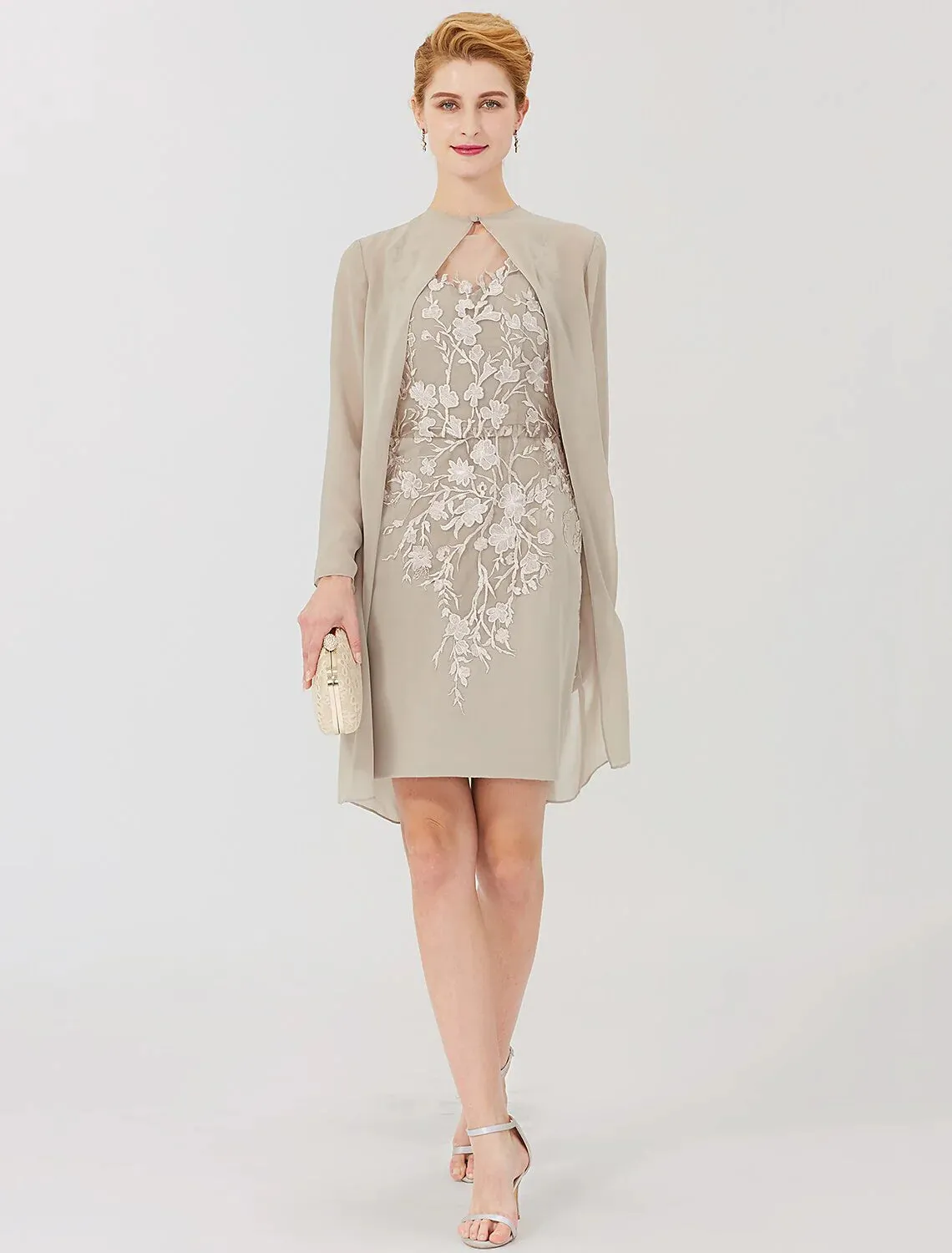 Luolandi Sheath / Column Mother of the Bride Dress Formal Classic & Timeless Elegant & Luxurious Convertible Dress Illusion Neck Knee Length Chiffon All Over Lace Long Sleeve with Appliques Beautiful