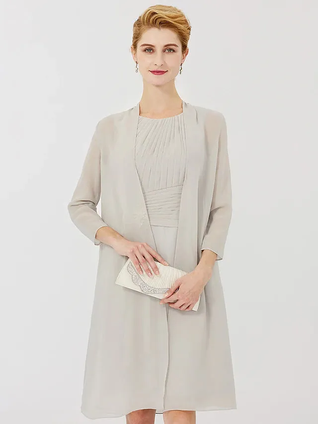 Luolandi Sheath / Column Mother of the Bride Dress Formal Classic & Timeless Elegant & Luxurious Convertible Dress Jewel Neck Knee Length Chiffon 3/4 Length Sleeve with Criss Cross