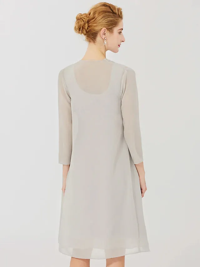 Luolandi Sheath / Column Mother of the Bride Dress Formal Classic & Timeless Elegant & Luxurious Convertible Dress Jewel Neck Knee Length Chiffon 3/4 Length Sleeve with Criss Cross