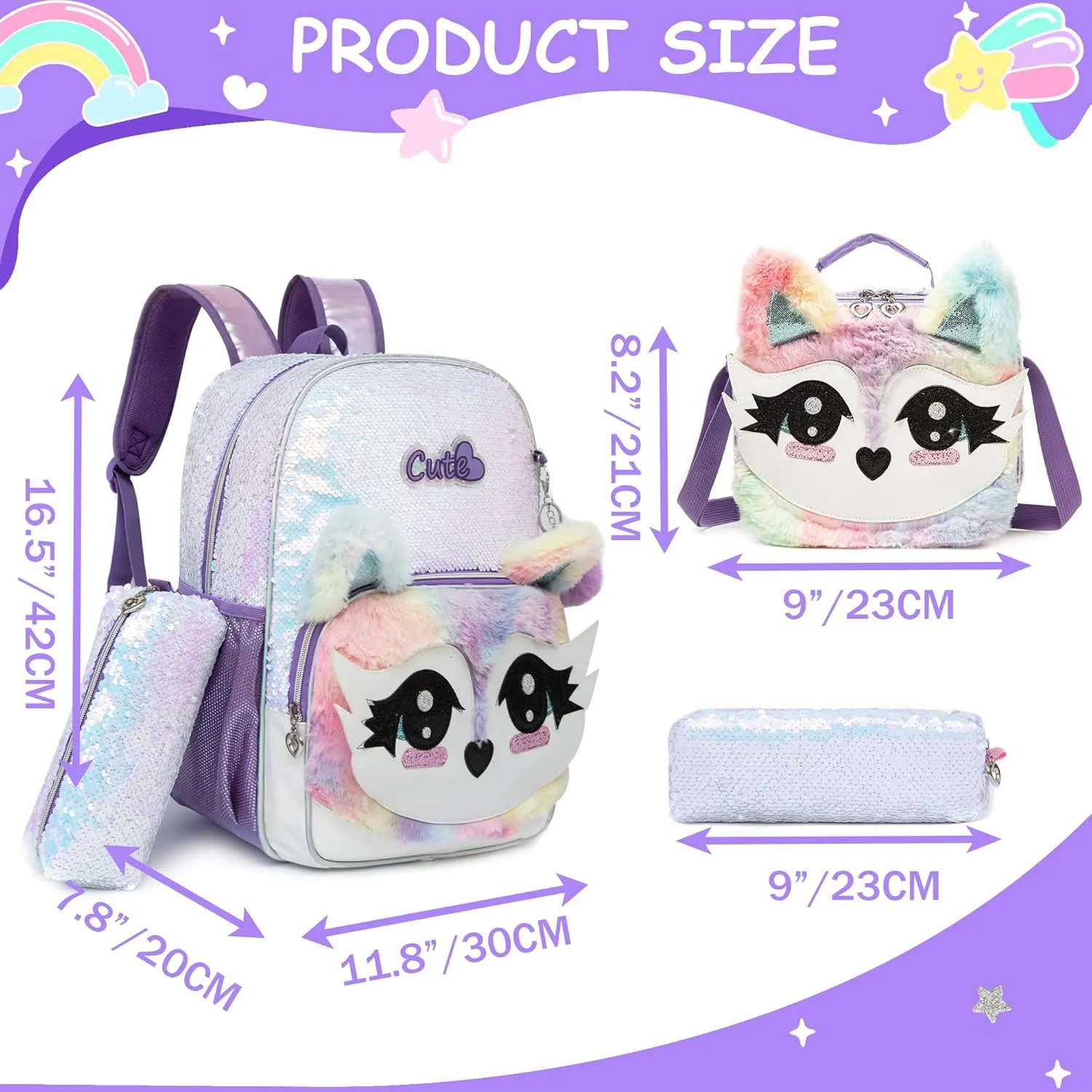 Meetbelify Cute Sequin Backpacks for Girls School Backpacks with Lunch Box Pencil Case for Elementary Preschool Students Ages 8-10 Kids Travel Backpack 3 in 1 Backpack Set for Girls