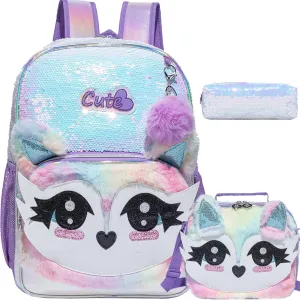 Meetbelify Cute Sequin Backpacks for Girls School Backpacks with Lunch Box Pencil Case for Elementary Preschool Students Ages 8-10 Kids Travel Backpack 3 in 1 Backpack Set for Girls