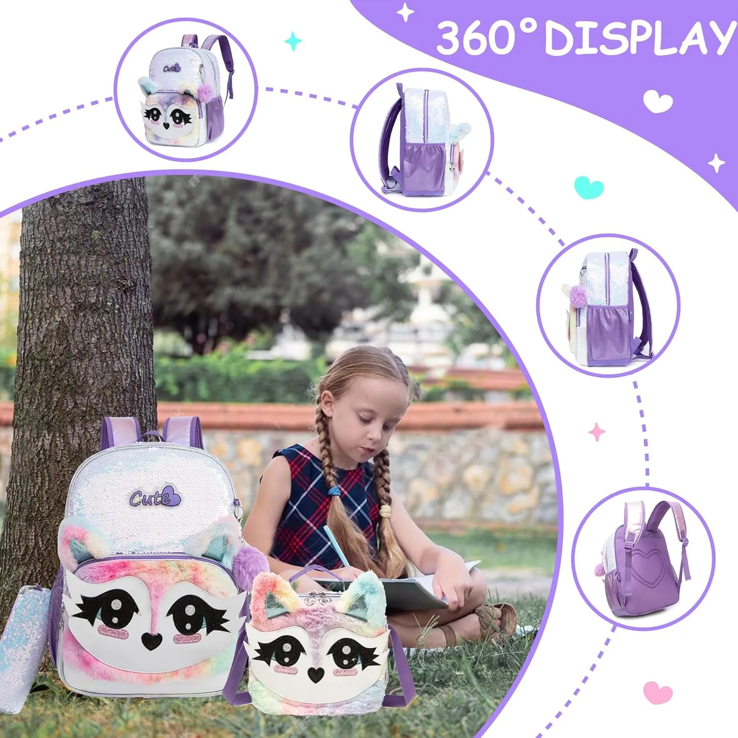 Meetbelify Cute Sequin Backpacks for Girls School Backpacks with Lunch Box Pencil Case for Elementary Preschool Students Ages 8-10 Kids Travel Backpack 3 in 1 Backpack Set for Girls