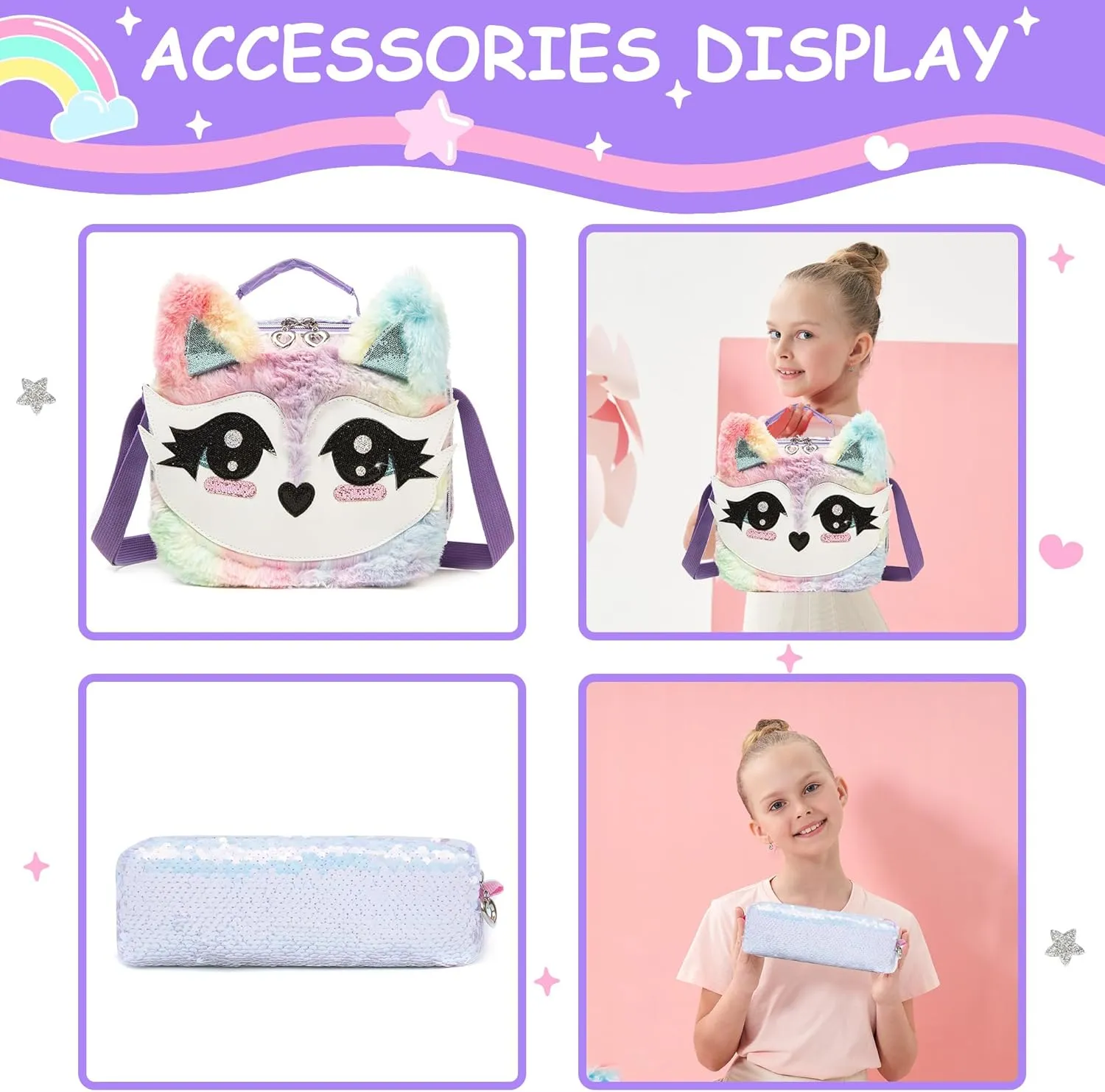 Meetbelify Cute Sequin Backpacks for Girls School Backpacks with Lunch Box Pencil Case for Elementary Preschool Students Ages 8-10 Kids Travel Backpack 3 in 1 Backpack Set for Girls