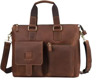 Men Briefcase Bag Genuine Cow Leather 15'' Laptop Business Totes Crazy Horse Leather Large Messenger Document Bag