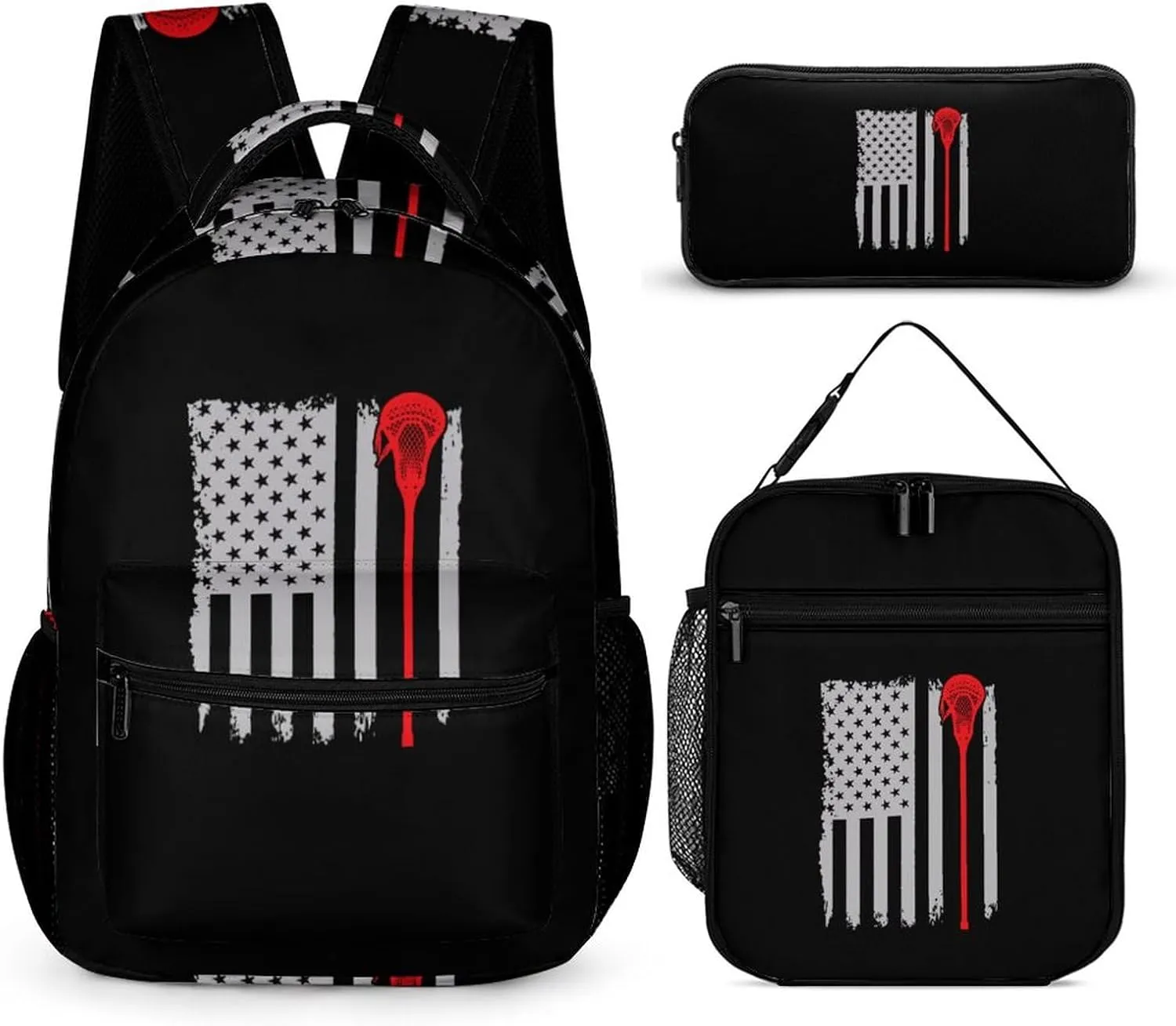 Merican Flag Lacrosse 3 Pcs Backpack Set Portable Lunch Bag Pencil Pouch for Office