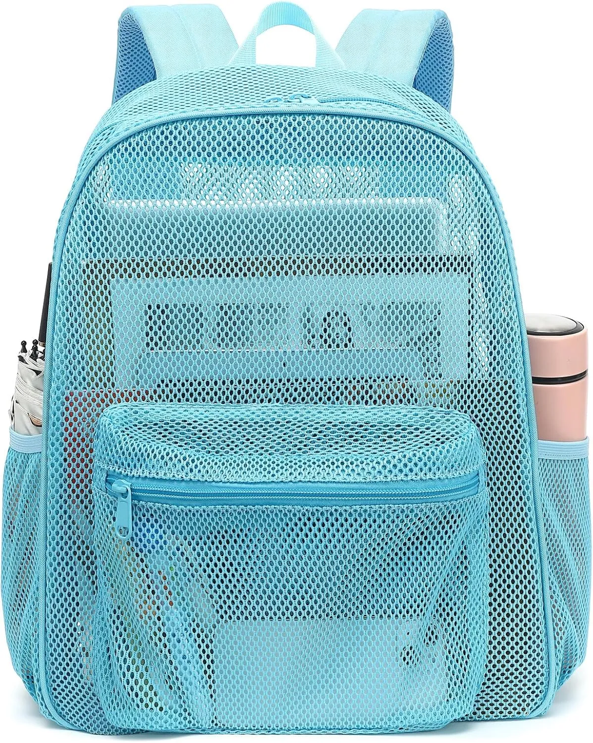 Mesh Backpack for School, Girls Boys See Through College Backpacks Heavy Duty Semi-Transparent Women Wen Bookbag for Swimming Travel Beach Hiking (Light Blue)