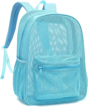 Mesh Backpack for School, Girls Boys See Through College Backpacks Heavy Duty Semi-Transparent Women Wen Bookbag for Swimming Travel Beach Hiking (Light Blue)