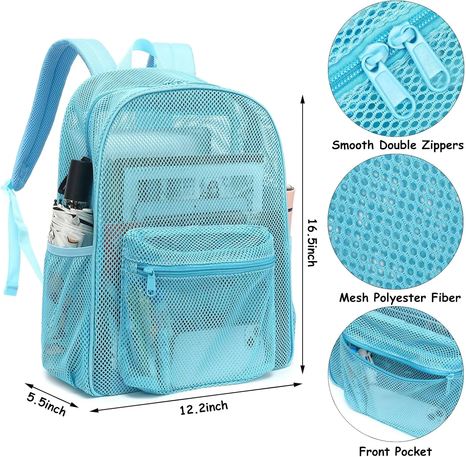 Mesh Backpack for School, Girls Boys See Through College Backpacks Heavy Duty Semi-Transparent Women Wen Bookbag for Swimming Travel Beach Hiking (Light Blue)