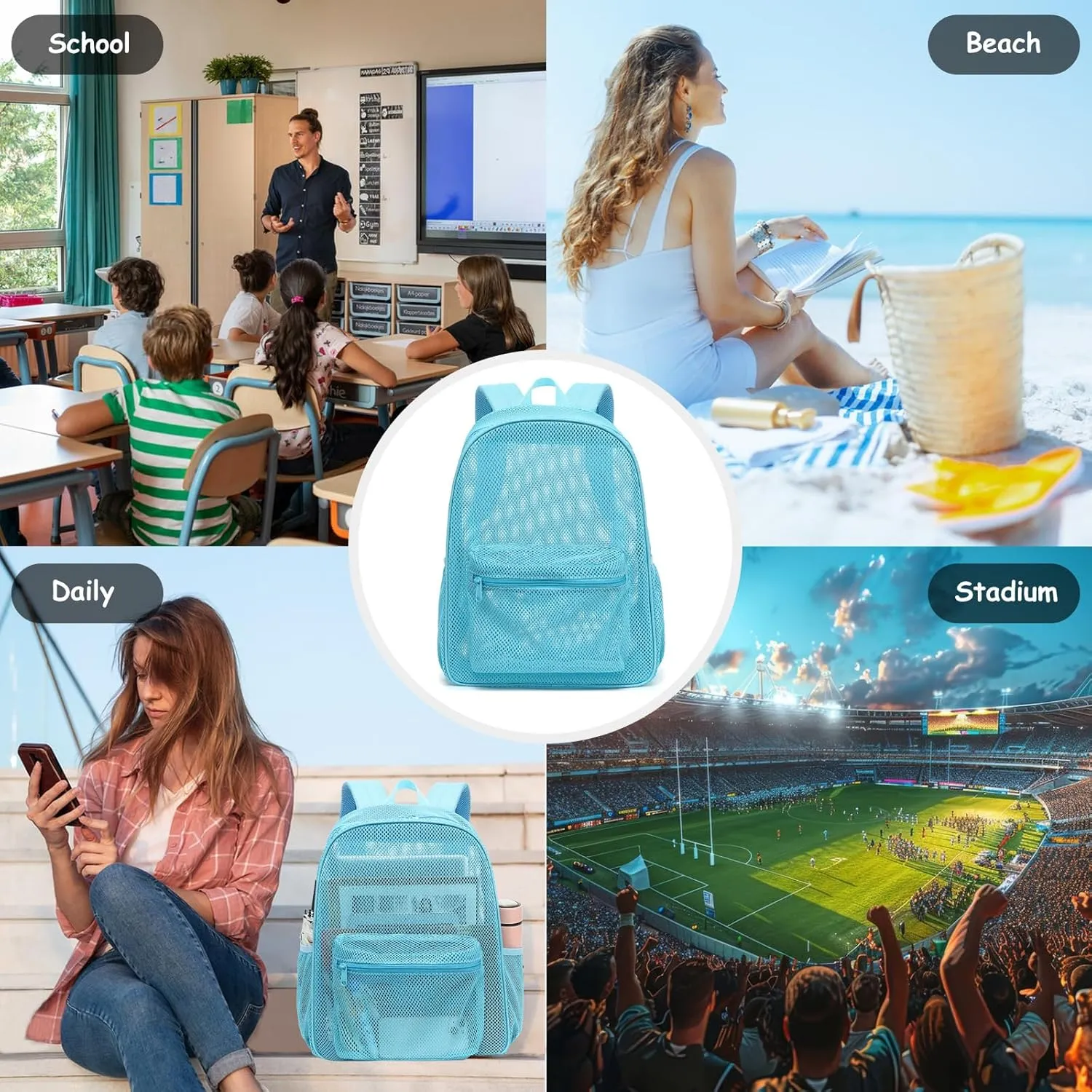 Mesh Backpack for School, Girls Boys See Through College Backpacks Heavy Duty Semi-Transparent Women Wen Bookbag for Swimming Travel Beach Hiking (Light Blue)