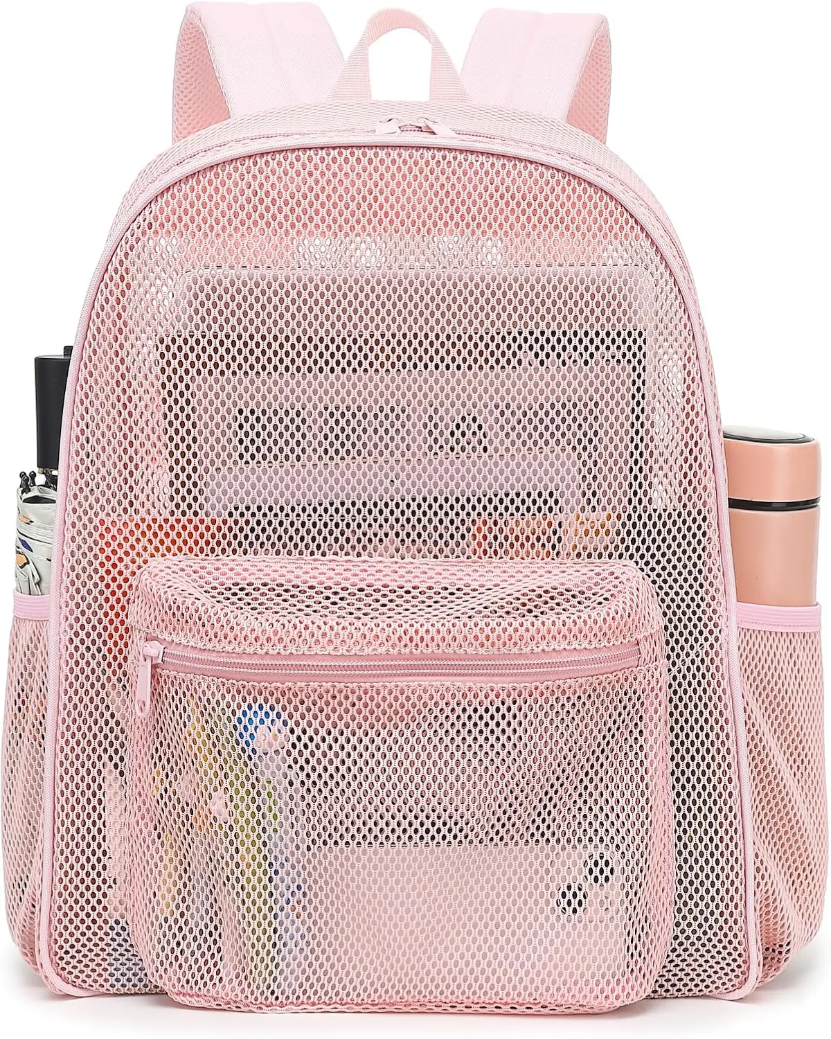 Mesh Backpack for School, Girls Boys See Through College Backpacks Heavy Duty Semi-Transparent Women Wen Bookbag for Swimming Travel Beach Hiking (Light Pink)
