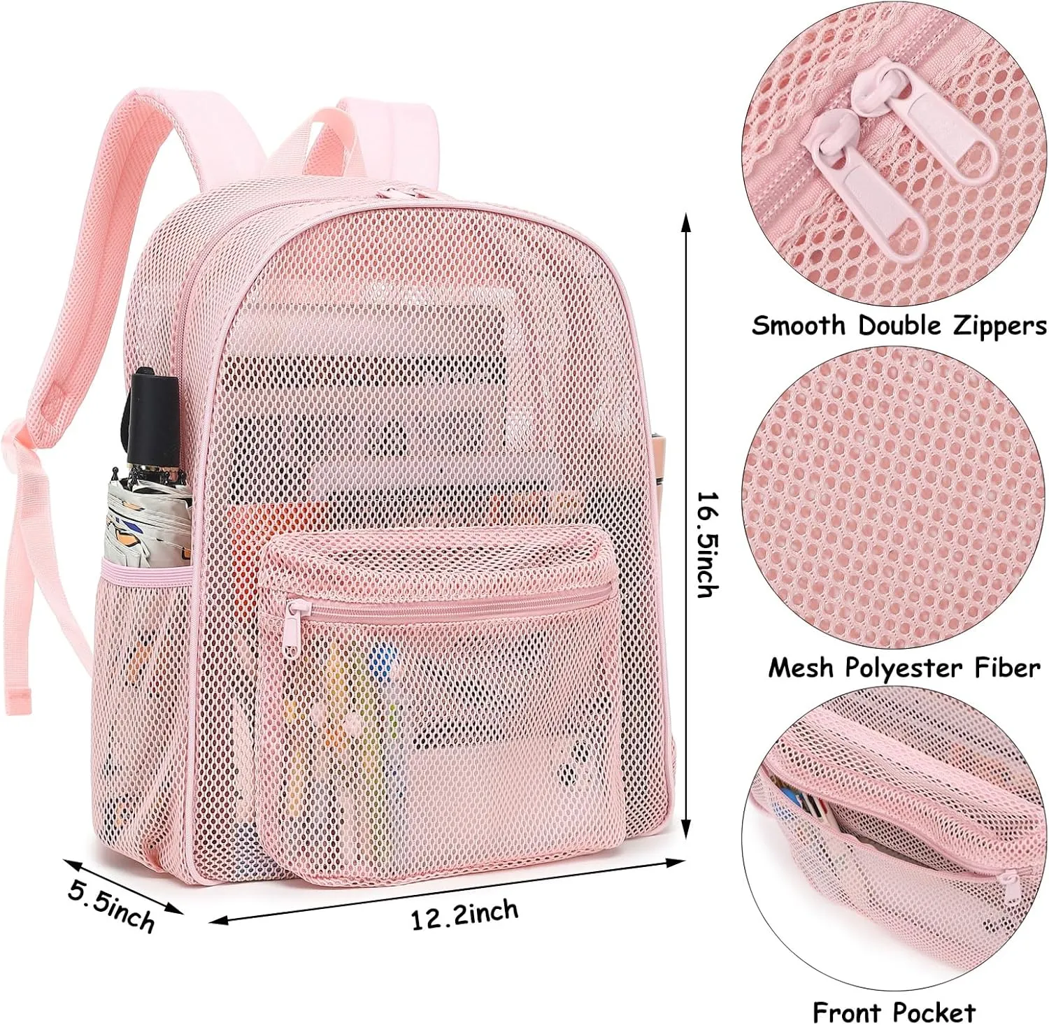 Mesh Backpack for School, Girls Boys See Through College Backpacks Heavy Duty Semi-Transparent Women Wen Bookbag for Swimming Travel Beach Hiking (Light Pink)
