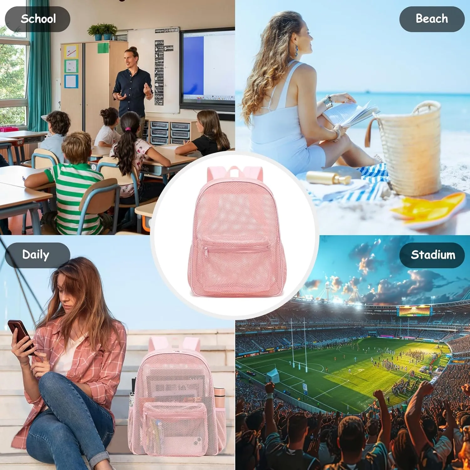 Mesh Backpack for School, Girls Boys See Through College Backpacks Heavy Duty Semi-Transparent Women Wen Bookbag for Swimming Travel Beach Hiking (Light Pink)