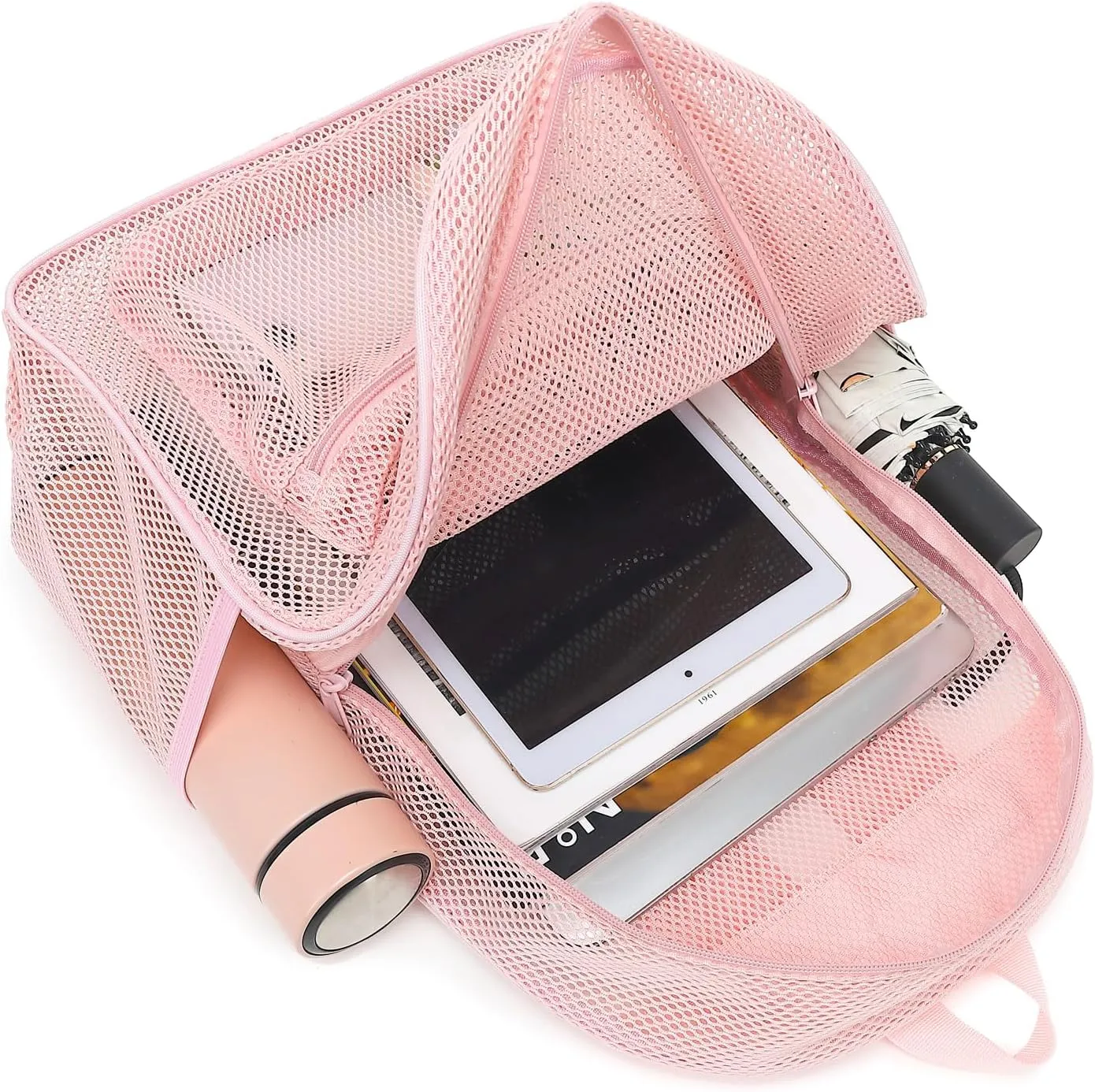 Mesh Backpack for School, Girls Boys See Through College Backpacks Heavy Duty Semi-Transparent Women Wen Bookbag for Swimming Travel Beach Hiking (Light Pink)