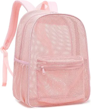 Mesh Backpack for School, Girls Boys See Through College Backpacks Heavy Duty Semi-Transparent Women Wen Bookbag for Swimming Travel Beach Hiking (Light Pink)