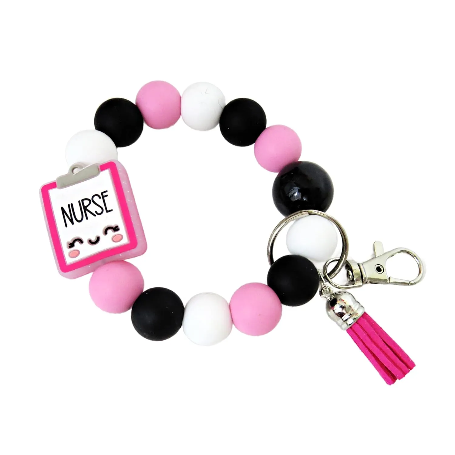 Nurse Keychain Gift - Silicone Beaded Wristlet - Car Key Ring Bracelet with Tassel - Handmade Present for Appreciation Week