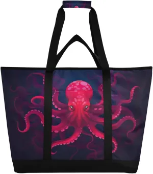 Octopus Red Tote Bag for Women with Zipper Reusable Grocery Bags Foldable Insulated Cooler Bag Totes Handbags Shopping Bags for Groceries Travel Beach Picnic Work