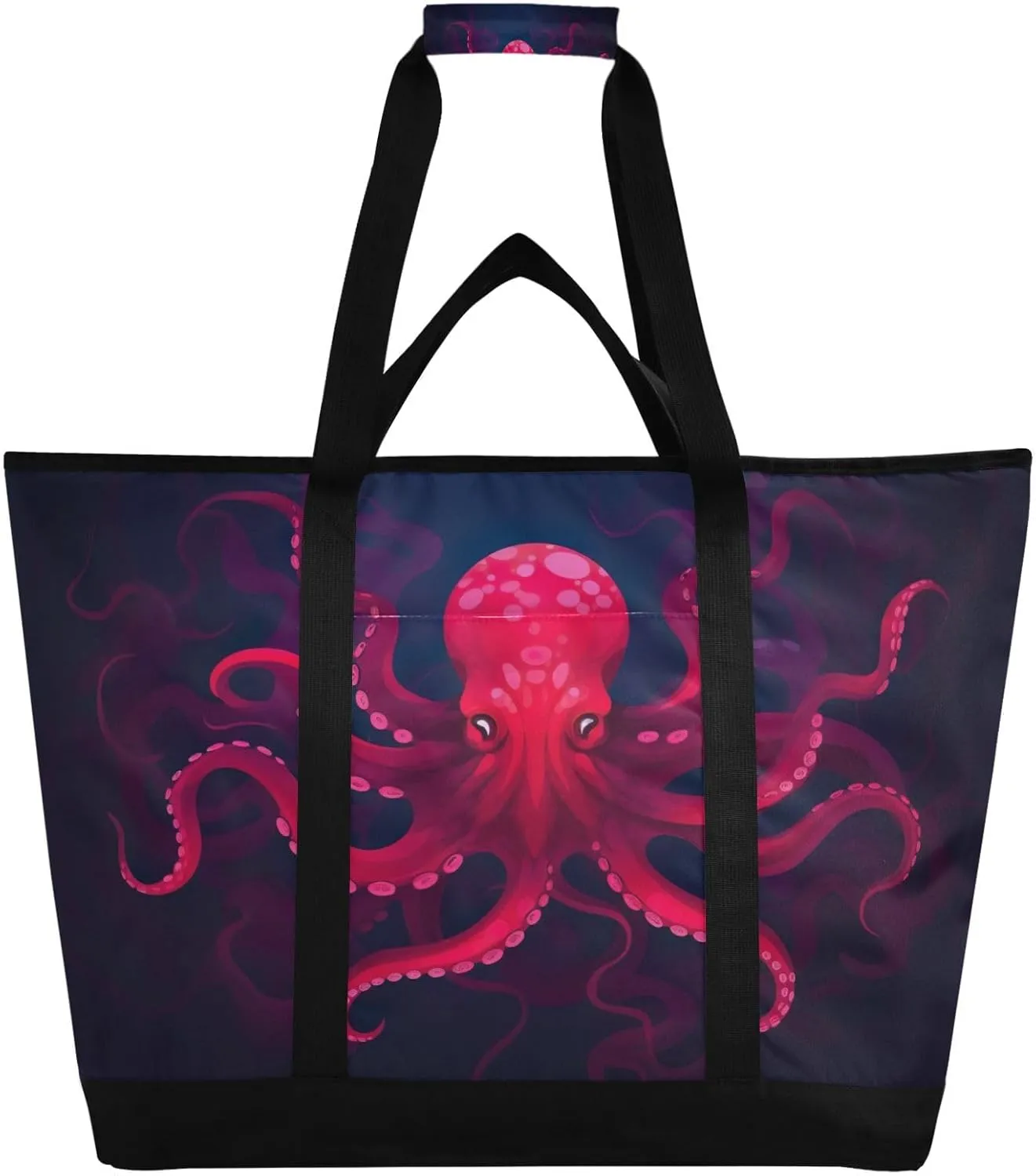Octopus Red Tote Bag for Women with Zipper Reusable Grocery Bags Foldable Insulated Cooler Bag Totes Handbags Shopping Bags for Groceries Travel Beach Picnic Work