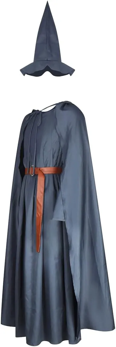 Pagan Tunic Costume Wizard Cloak Robe with Hat Full Set Halloween Cosplay Costume Gray Adult