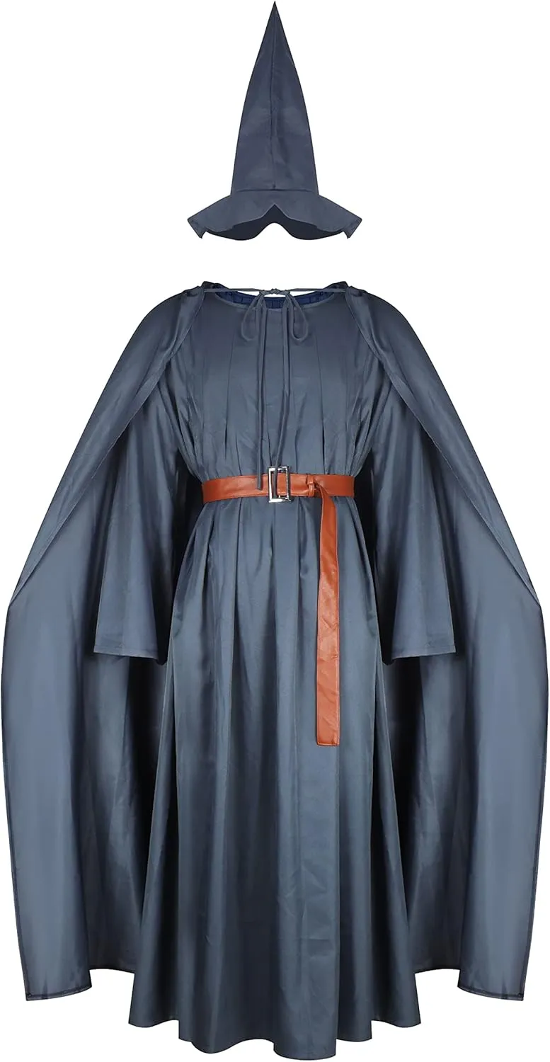 Pagan Tunic Costume Wizard Cloak Robe with Hat Full Set Halloween Cosplay Costume Gray Adult