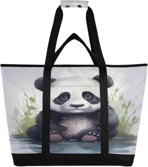 Panda Tote Bag for Women with Zipper Reusable Grocery Bags Foldable Insulated Cooler Bag Shopping Bags Handbags Totes for Groceries Picnic Travel Beach Work