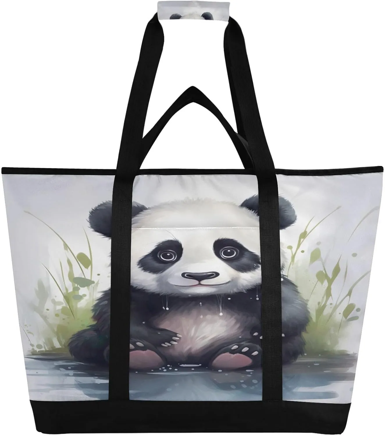 Panda Tote Bag for Women with Zipper Reusable Grocery Bags Foldable Insulated Cooler Bag Shopping Bags Handbags Totes for Groceries Picnic Travel Beach Work