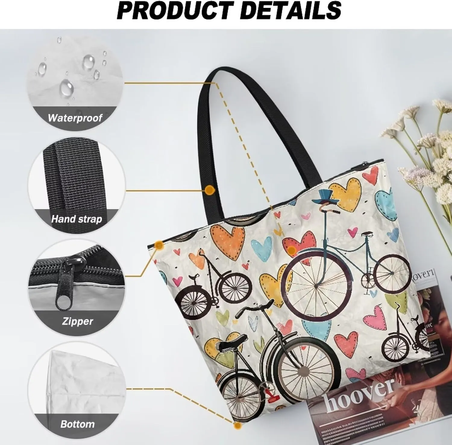 Paper Bag Shoulder Bag with Zippers, Butterfly Flowers Lightweight Large Shopping Beach Totes Bags Book Tote