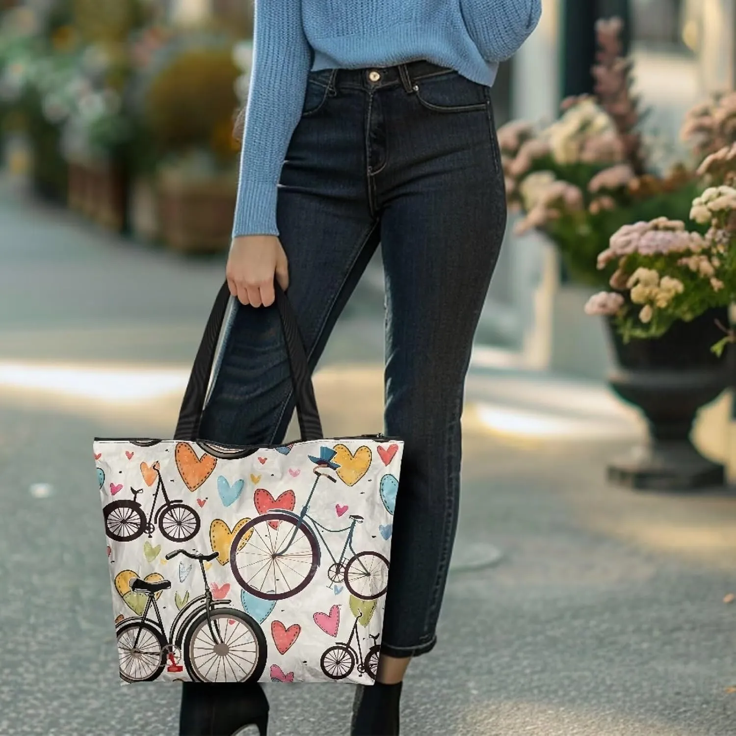 Paper Bag Shoulder Bag with Zippers, Butterfly Flowers Lightweight Large Shopping Beach Totes Bags Book Tote