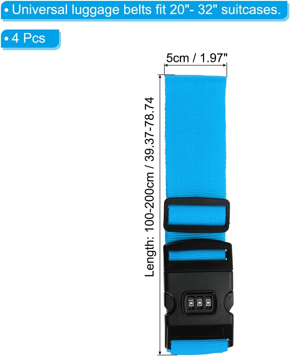 PATIKIL Luggage Straps, 4 Pack Suitcase Straps Adjustable Luggage Belts Strap with Combination Lock for Luggage Suitcases Travel, Light Blue