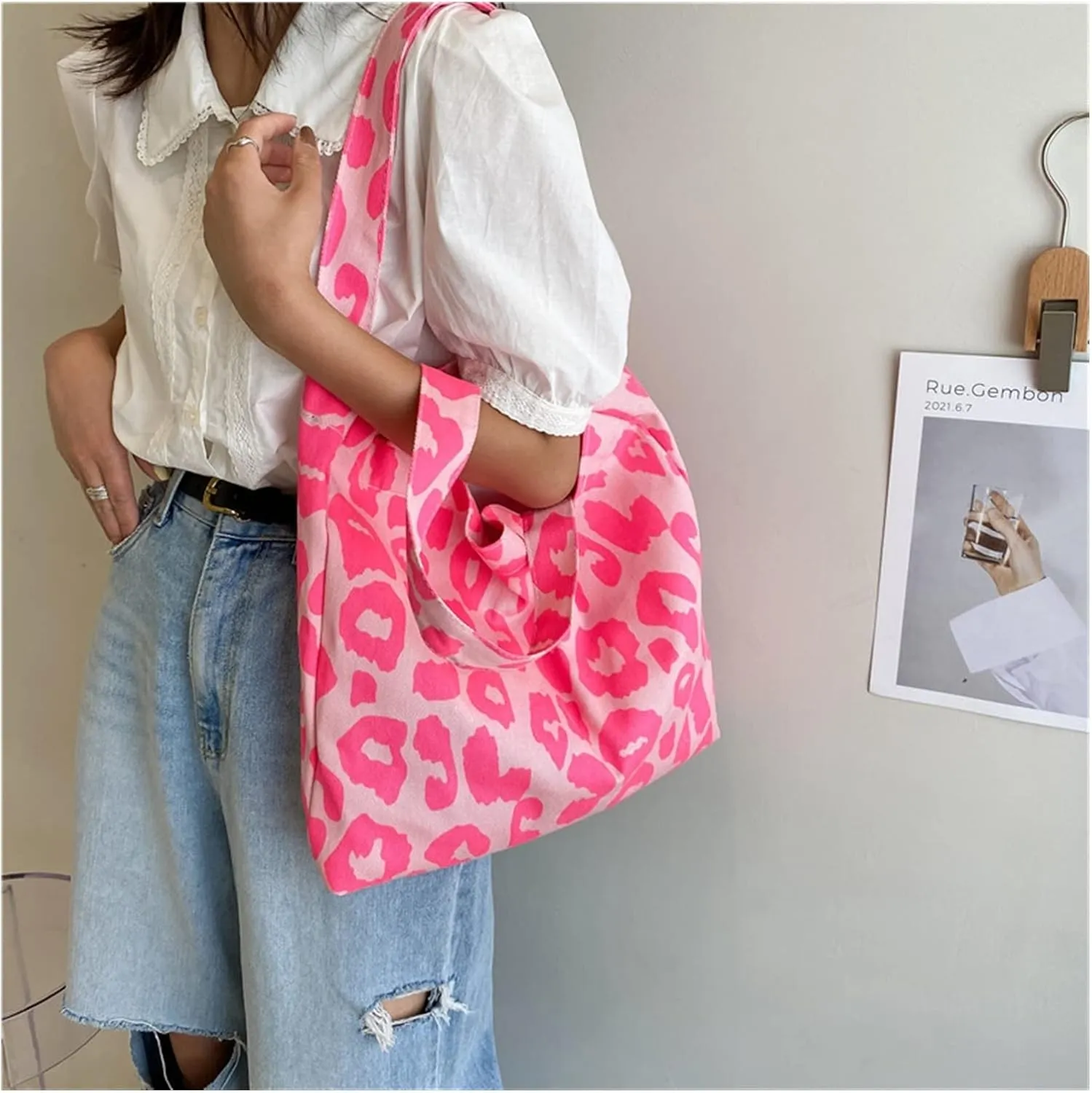 Pink Leopard Shoulder Bag Women's Large Capacity Casual Totes Ladies Cute Canvas Bags Bucket 2022 NEW (Color : Black)