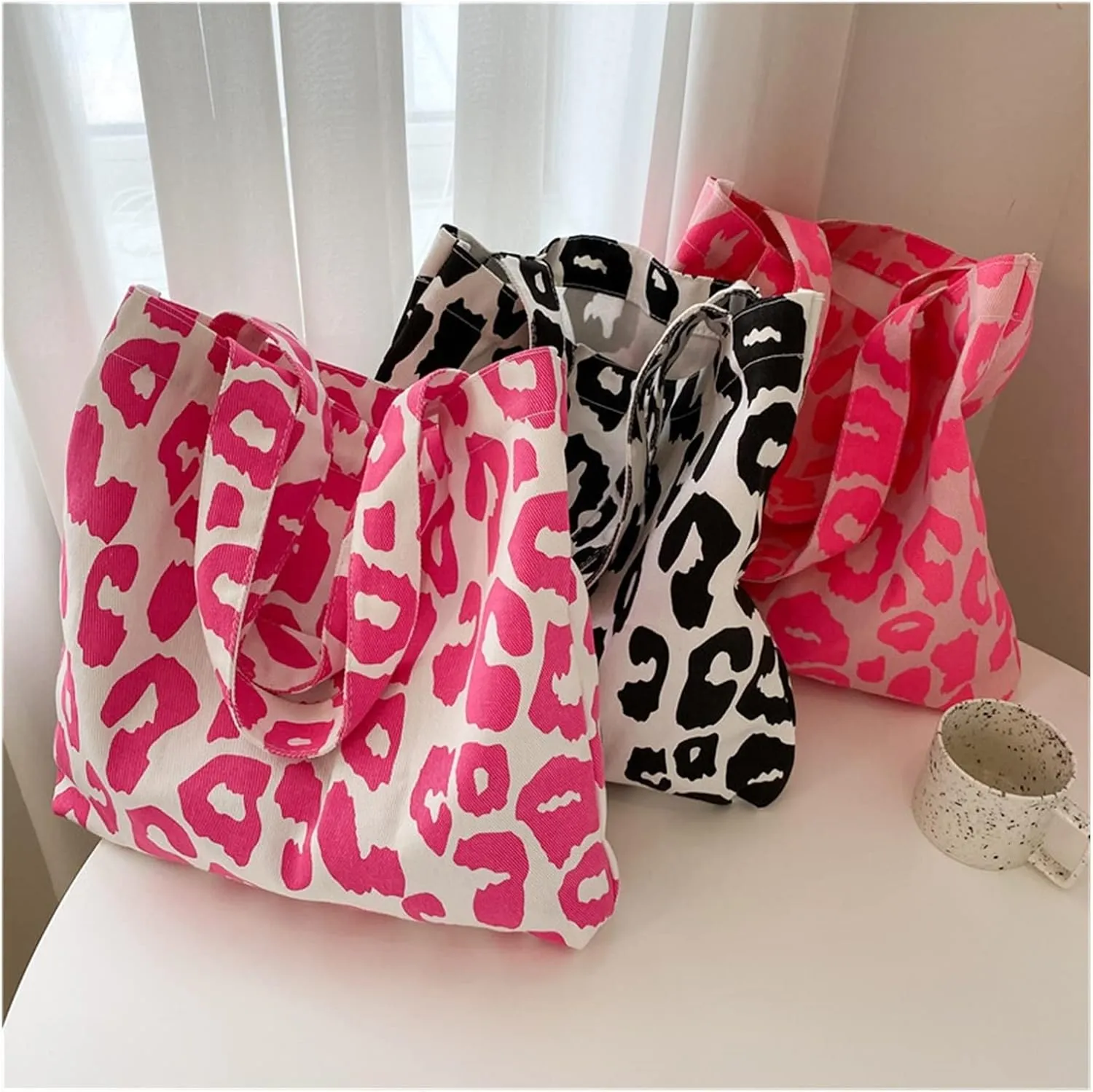 Pink Leopard Shoulder Bag Women's Large Capacity Casual Totes Ladies Cute Canvas Bags Bucket 2022 NEW (Color : Black)