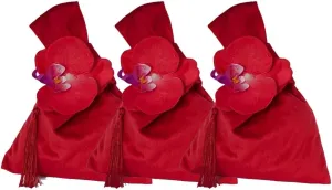 Pokinge 3pcs Red Velvet Japanese Wrist Bag, Vest Shape Flower Wrist Totes Velvet Knot Sugar Bag, Jewelry Packing Handbags with Tassel for Wedding Party