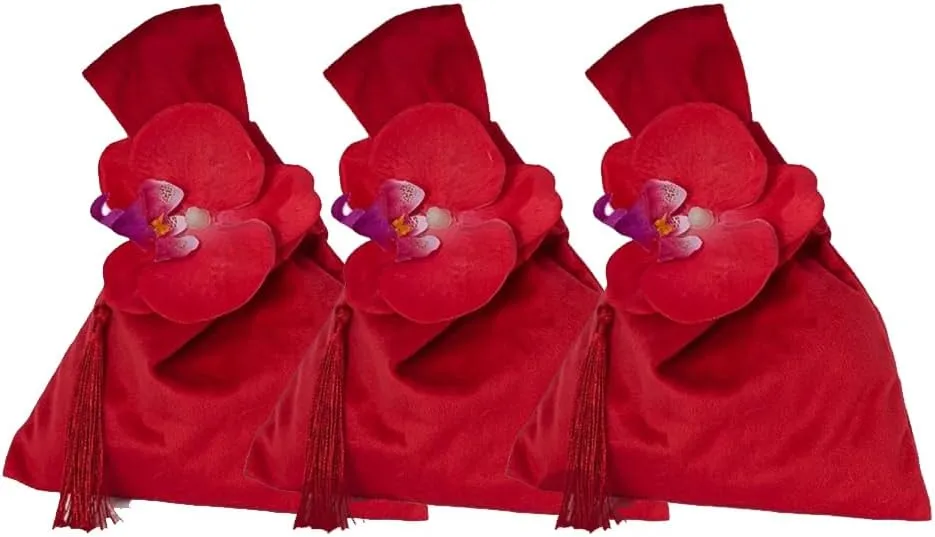 Pokinge 3pcs Red Velvet Japanese Wrist Bag, Vest Shape Flower Wrist Totes Velvet Knot Sugar Bag, Jewelry Packing Handbags with Tassel for Wedding Party