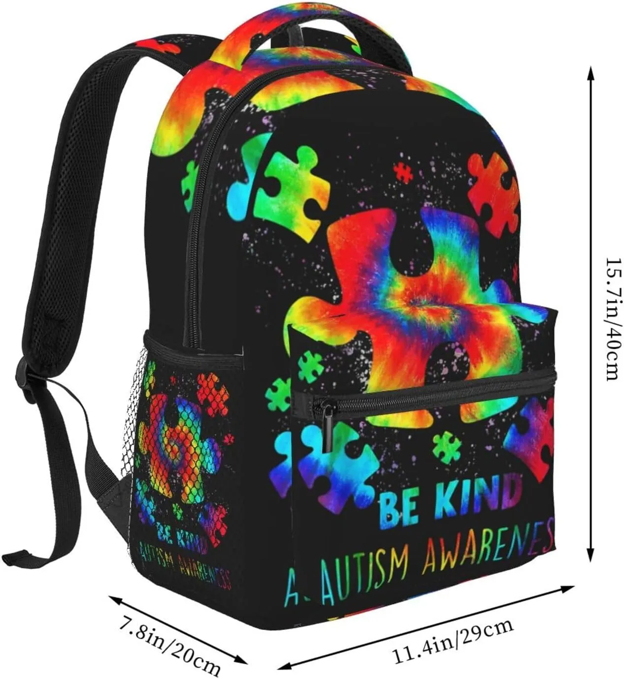 Puzzle Pieces Tie Dye Autism Awareness Backpack Double Shoulder Bag 15 Inch Laptop Bagpack for Hiking Work Camping Travel