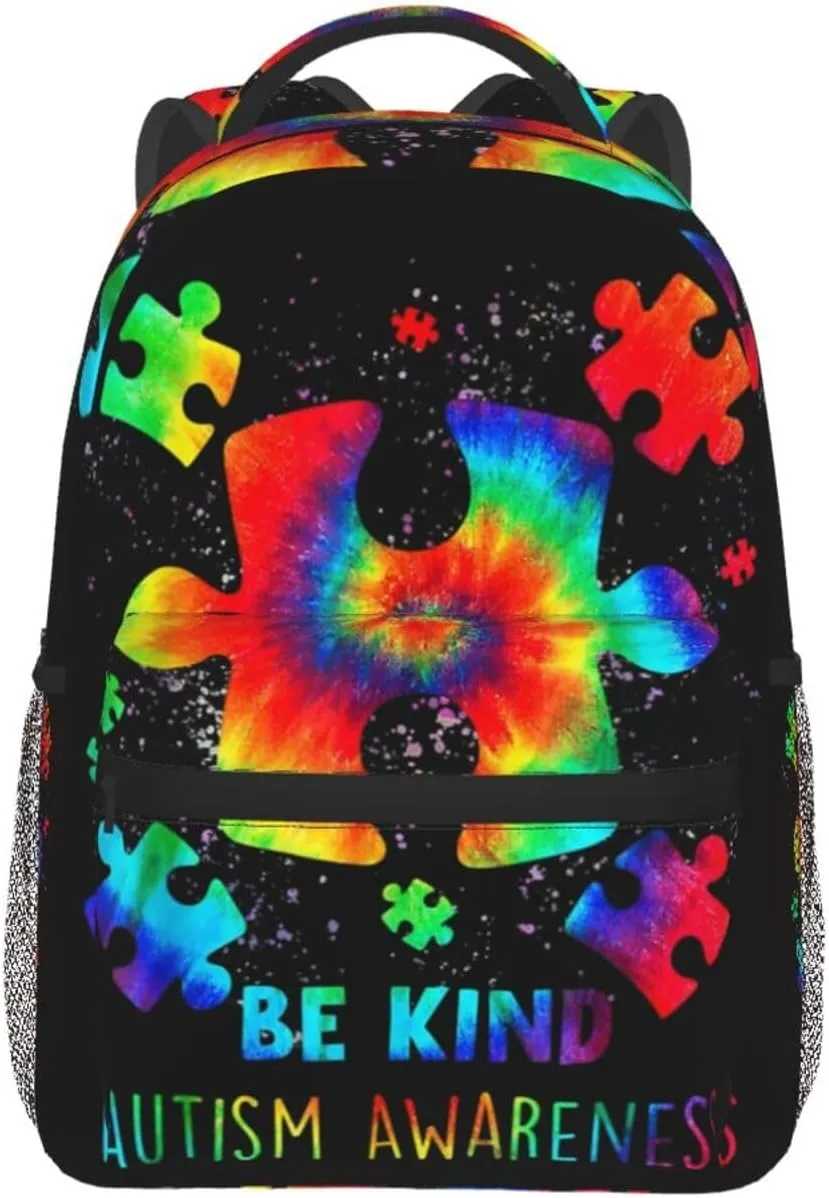 Puzzle Pieces Tie Dye Autism Awareness Backpack Double Shoulder Bag 15 Inch Laptop Bagpack for Hiking Work Camping Travel